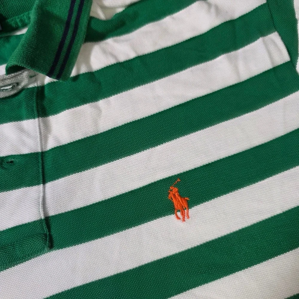 Polo Ralph Lauren Mens L Polo Shirt Green White Striped Short Sleeve Cotton